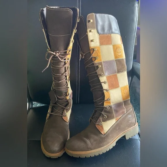 Timberland Patchwork Knee-High Leather Boots Size 11 - Picture 3 of 16
